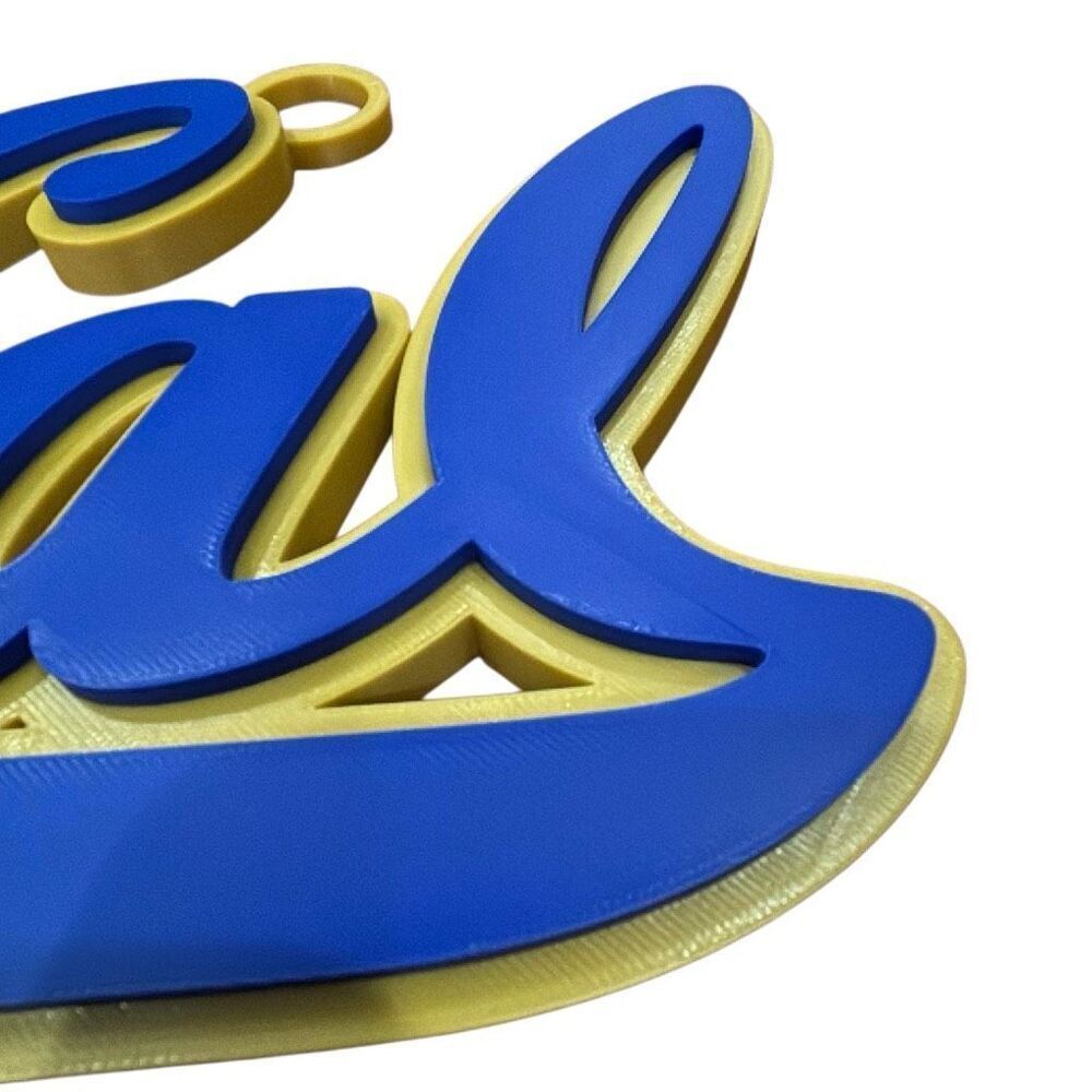 Oversized Cal Script Logo Pendant — Gold & Blue Colorblock Statement Chain Piece - Picture 3 of 11